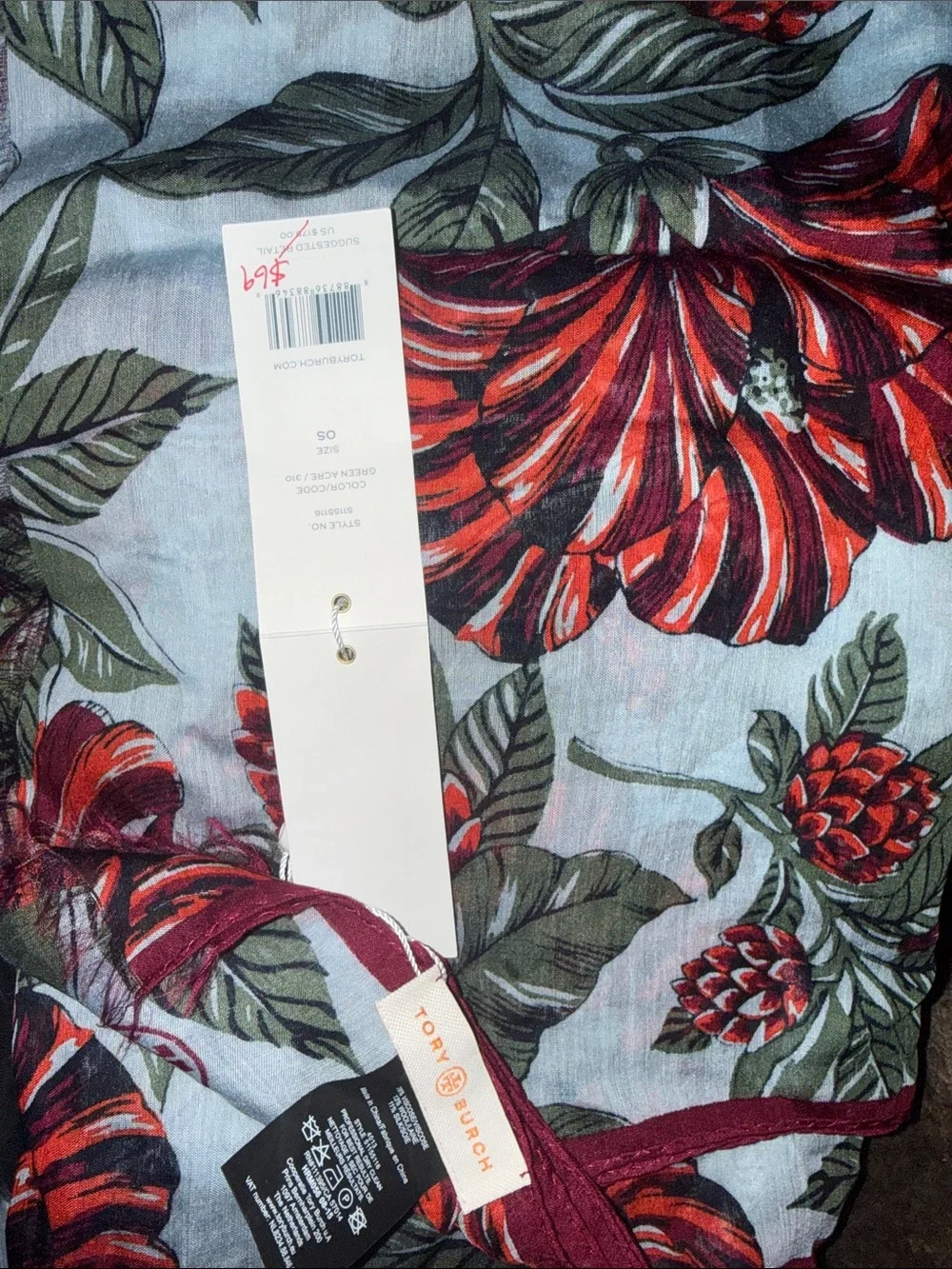 Tory Burch Printed Scarf in Green and Red Accents